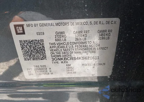 2019 Chevrolet Blazer из США, поврежденный, VIN 3GNKBCRS4KS621611